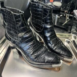 Black Croc-Embossed Ankle Boots